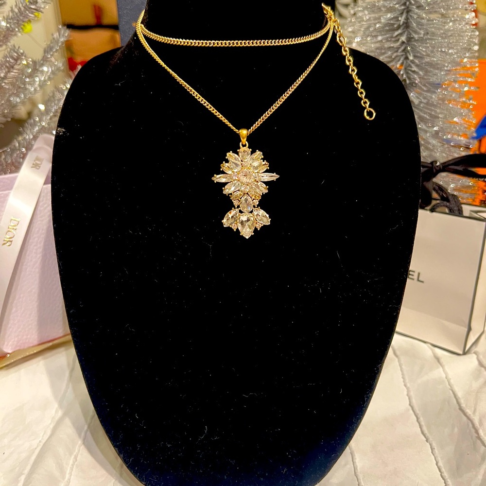 J. Crew gold and crystal long gold necklace EUC.